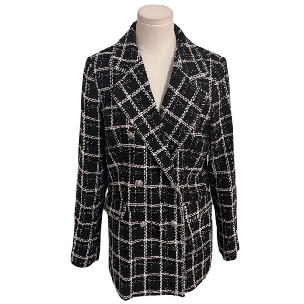 RACHEL ZOE Black‎ White Plaid Jacket Silver Buttons Work Party Preppy Size M